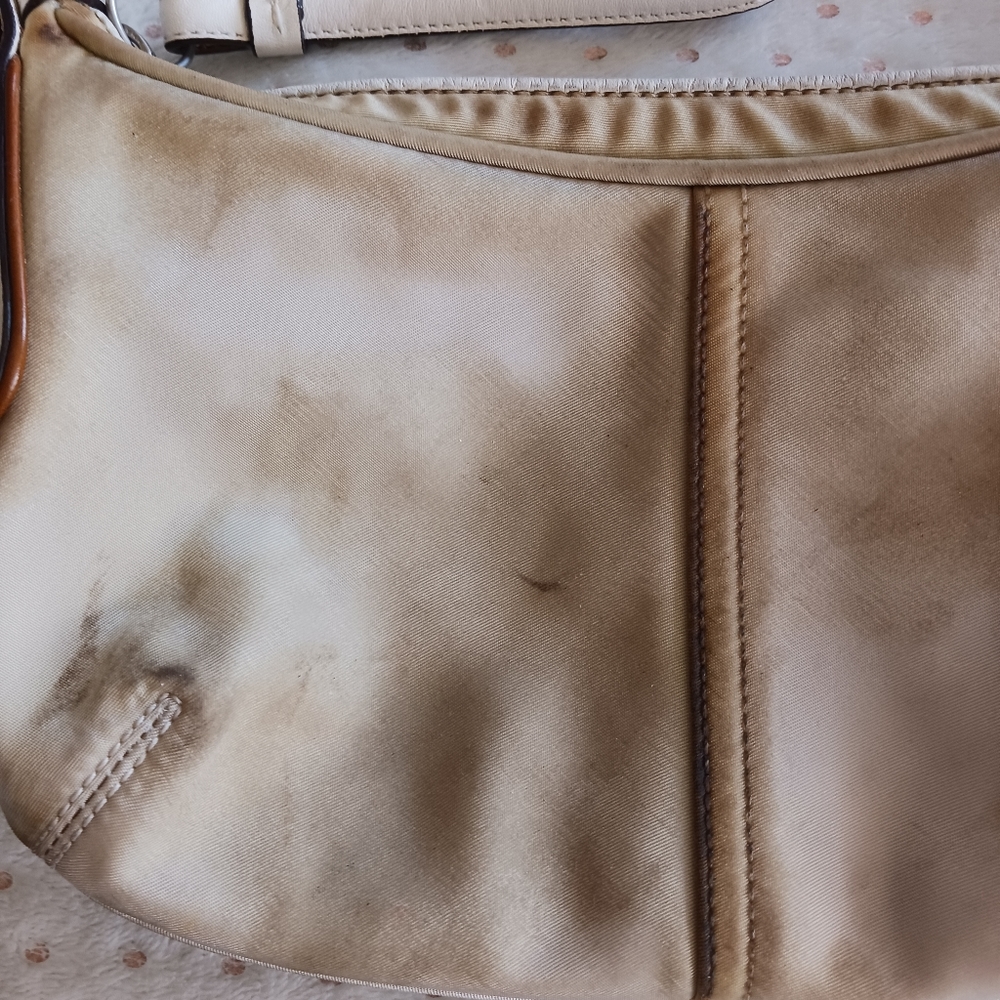 Vintage / Rare Coach Nylon Beige Handbag White Leather Handle Shoulder Bag - Picture 3 of 14